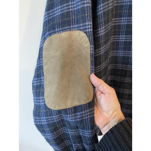 Firethorn VINTAGE Silver Shirt Mens XL Blue Plaid Leather Elbow Patches & Collar - Picture 4 of 11